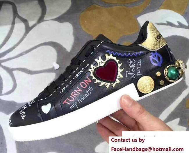 Dolce & Gabbana Leather Sneakers Heart Patch And Stud Black 2017